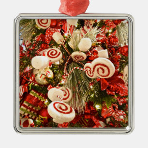 Ornement Carré Argenté Bonbons blanc et rouge Whimsical Arbre de Noël à t