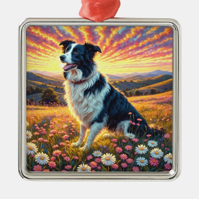 Ornement Carré Argenté Border Collie Dog (Devant)