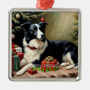 Ornement Carré Argenté Border Collie Noël