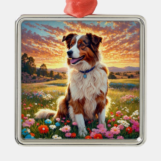 Ornement Carré Argenté Border Collie Shepherd Dog (Devant)