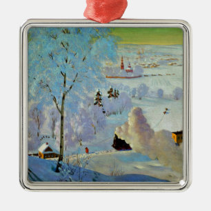 Ornement Carré Argenté Boris Kustodiev - Skieurs, peinture célèbre,