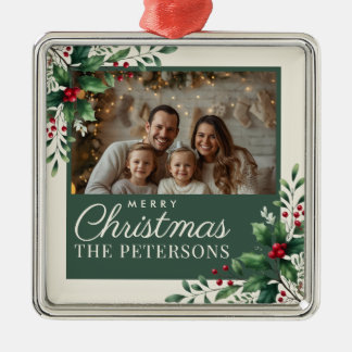 Ornement Carré Argenté Botanical Cream Custom Photo Christmas Ornament