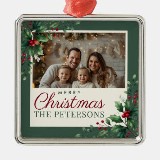 Ornement Carré Argenté Botanical Green Custom Photo Christmas Ornament