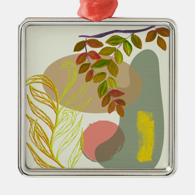 Ornement Carré Argenté Botanique Boho jaune vert (Devant)