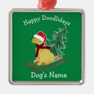 Ornement Carré Argenté Boule de Noël Goldendoodle personnalisée