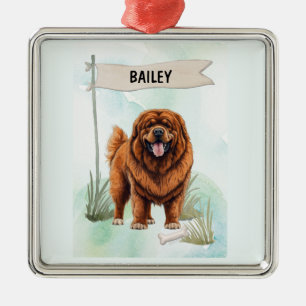 Ornement Carré Argenté Bouledogue Tibétain Aquarelle Chien Personnalisé