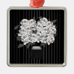 Ornement Carré Argenté Bouquet de Roses Crâniennes Noir & Blanc