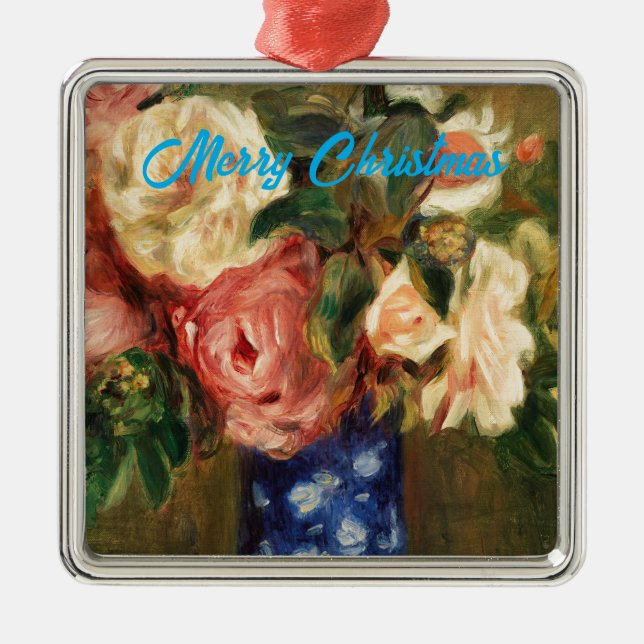 Ornement Carré Argenté Bouquet de Roses par Renoir Joyeux Noël (Devant)