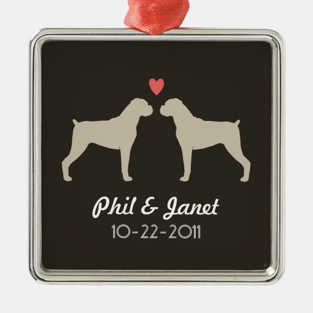 Ornement Carré Argenté Boxer Chien Silhouettes Mariage Couple Love Custom (Devant)