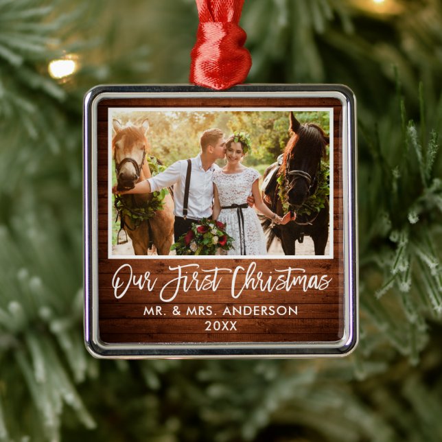 Ornement Carré Argenté Bracelet Mariage bois Notre premier Noël (Arbre)
