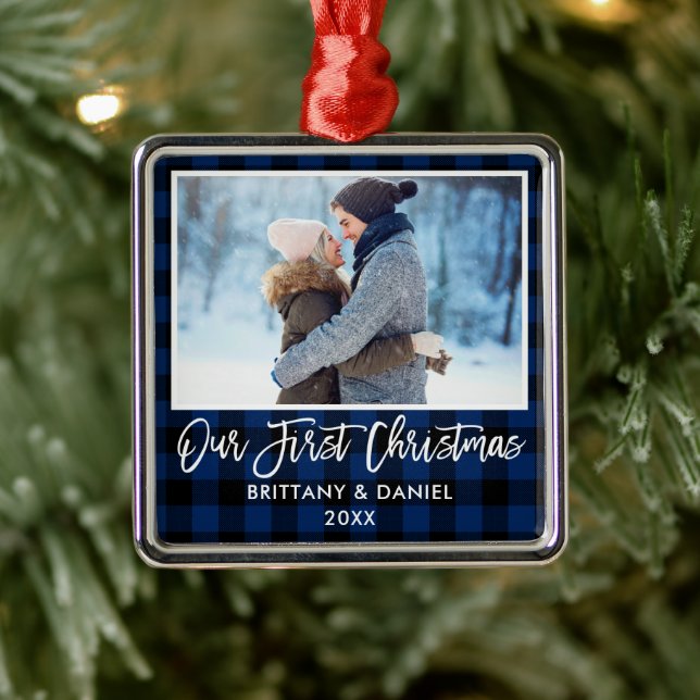 Ornement Carré Argenté Bracelet Script bleu Plaid Couple Premier Noël (Arbre)