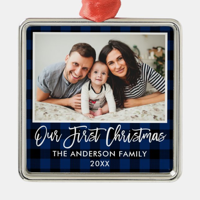 Ornement Carré Argenté Bracelet Script Bleu Plaid Famille Premier Noël (Devant)