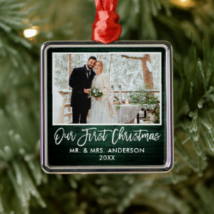 Ornement Carré Argenté Brosse Script Bois Vert Mariage Premier Noël