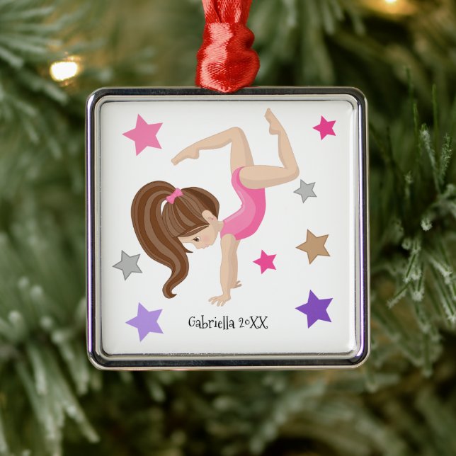 Ornement Carré Argenté Brown Haired Gymnast Girl Gymnastique Noël (Arbre)