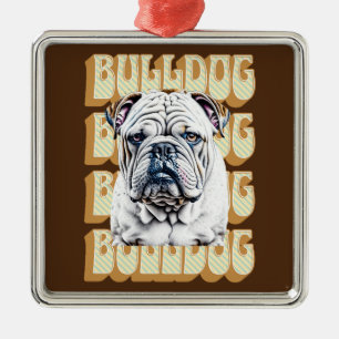 Ornement Carré Argenté Bulldog anglais avec police rétro