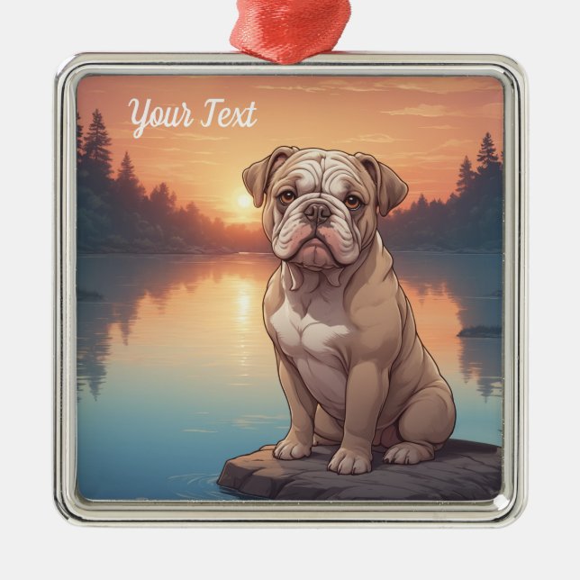 Ornement Carré Argenté Bulldog par lac (Devant)