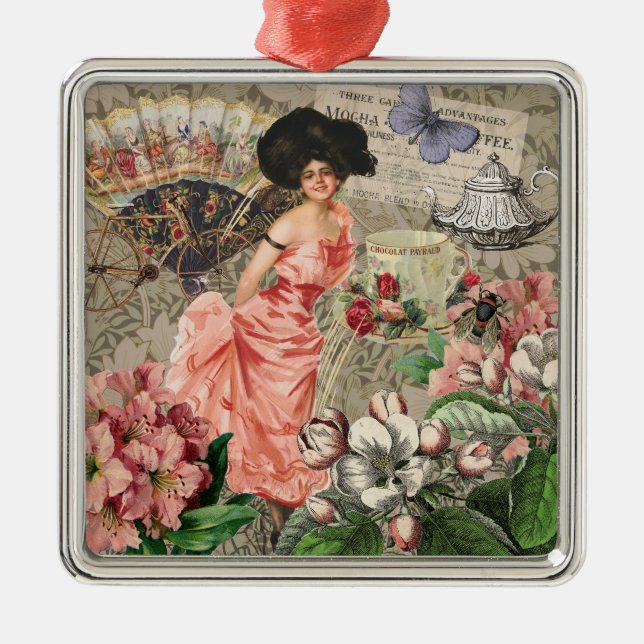 Ornement Carré Argenté Café Lady Victorian Femme Rose Classy (Devant)
