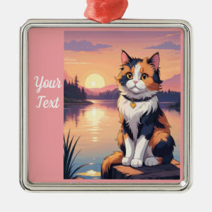Ornement Carré Argenté Calico Cat par le lac