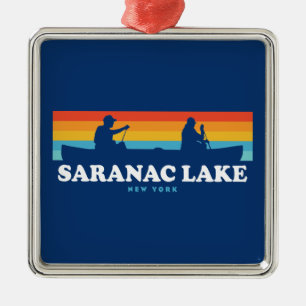 Ornement Carré Argenté Canot Saranac Lake New York