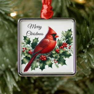 Ornement Carré Argenté Cardinal rouge de Noël et houx