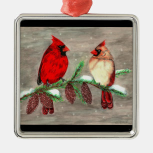 Ornement Carré Argenté cardinaux de Noël