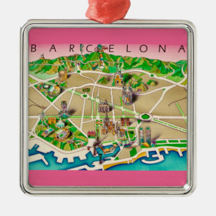 Ornement Carré Argenté Carte de Barcelone Espagne
