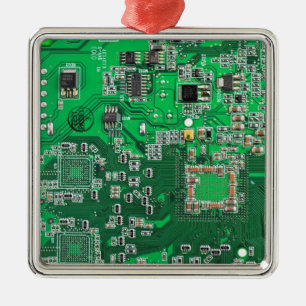 Ornement Carré Argenté Carte de circuit Geek d'ordinateur vert