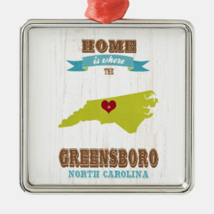 Ornement Carré Argenté Carte de Greensboro, la Caroline du Nord - à la