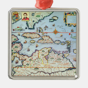 Ornement Carré Argenté Carte des îles des Caraïbes