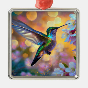 Ornement Carré Argenté Cerisier Imaginaire Sunrise Hummingbird