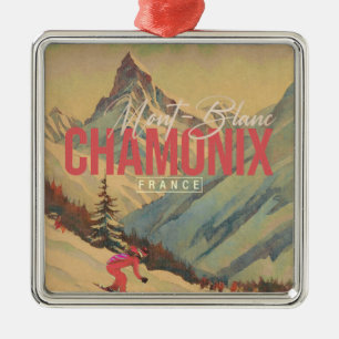 Ornement Carré Argenté Chamonix France Mont-Blanc Vintage Ski 1950