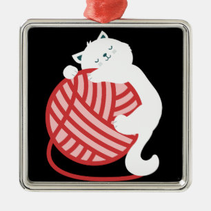 Ornement Carré Argenté Chat blanc mignon avec boule de fil