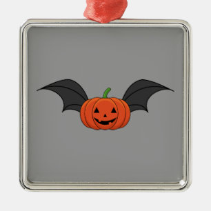 Ornement Carré Argenté Chat Citrouille d'Halloween