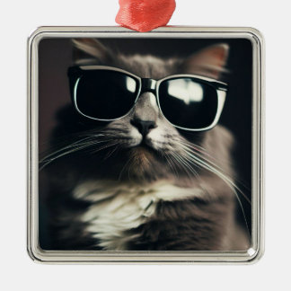 Ornement Carré Argenté Chat Cool