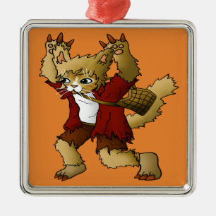 Ornement Carré Argenté Chat de loup-garou d'Halloween