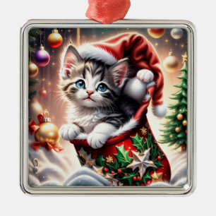 Ornement Carré Argenté Chat de Noël joyeux