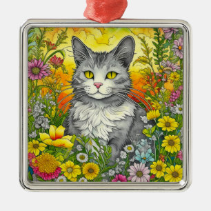 Ornement Carré Argenté Chat et Fleurs Whimsical