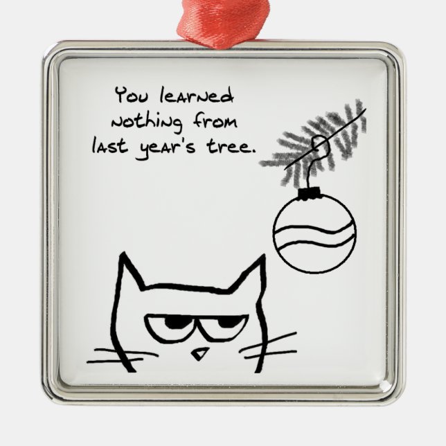 Ornement Carré Argenté Chat fâché et l'arbre de Noël (Devant)