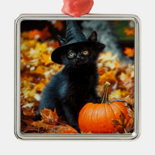 Ornement Carré Argenté Chat noir d'Halloween et Citrouille