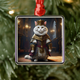 Ornement Carré Argenté Chat Regal Blanc En Tenue Renaissance,