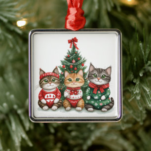 Ornement Carré Argenté Chats de Noël mignons