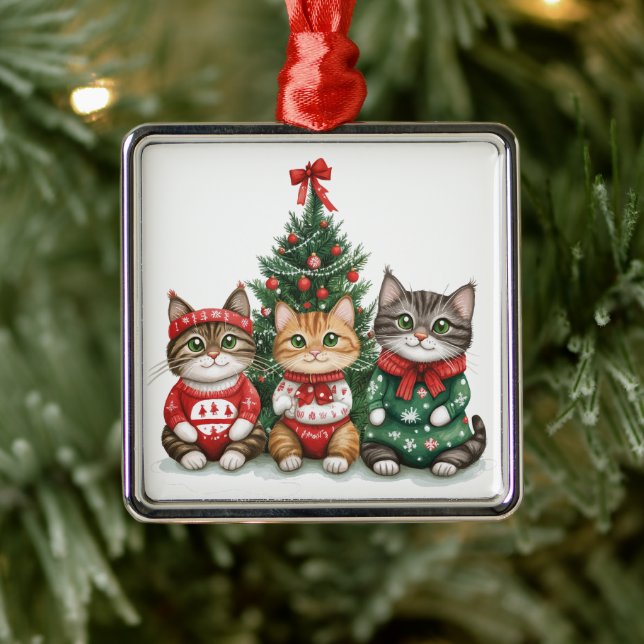 Ornement Carré Argenté Chats de Noël mignons (Arbre)