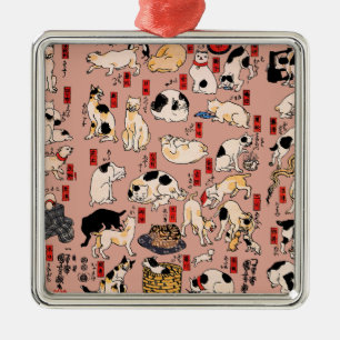 Ornement Carré Argenté chats japonais Ukiyo-e Funny kitty