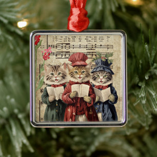 Ornement Carré Argenté Chats qui chantent des chants de Noël