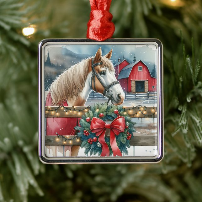 Ornement Carré Argenté Cheval à la ferme Noël (Arbre)
