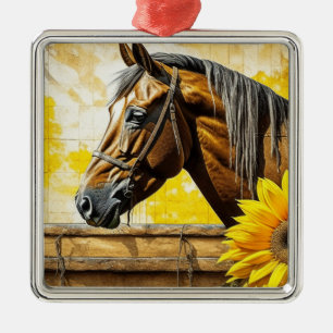Ornement Carré Argenté Cheval et tournesol Belle Art IA