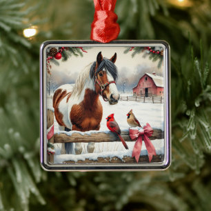 Ornement Carré Argenté Cheval Pinto tacheté et Cardinals Noël