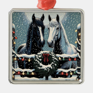 Ornement Carré Argenté Chevaux de fête Joyeux Noël