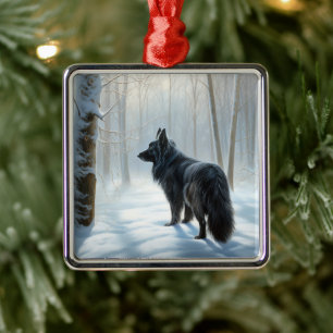 Ornement Carré Argenté Chien à neiger belge Noël