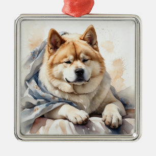 ORNEMENT CARRÉ ARGENTÉ CHIEN AKITA A L'AQUARELLE TAN & BLANC